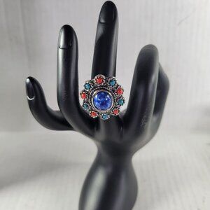 Vintage Sarah Coventry Blue & Red Beaded Silver-Tone Adjustable Ring